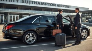 luxury Southampton airport taxi with driver assisting at terminal entrance.
