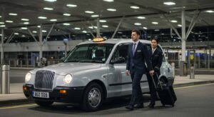 Sandhurst taxi outside Heathrow terminal at night