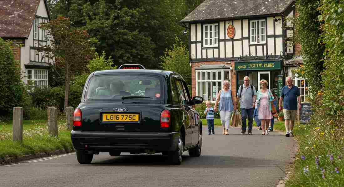 Tourists enjoying a ride in a taxi, Lightwater, Surrey, to local attractions.
