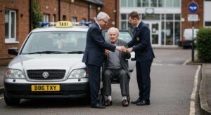 Driver assisting an elderly passenger into a Bagshot taxi.