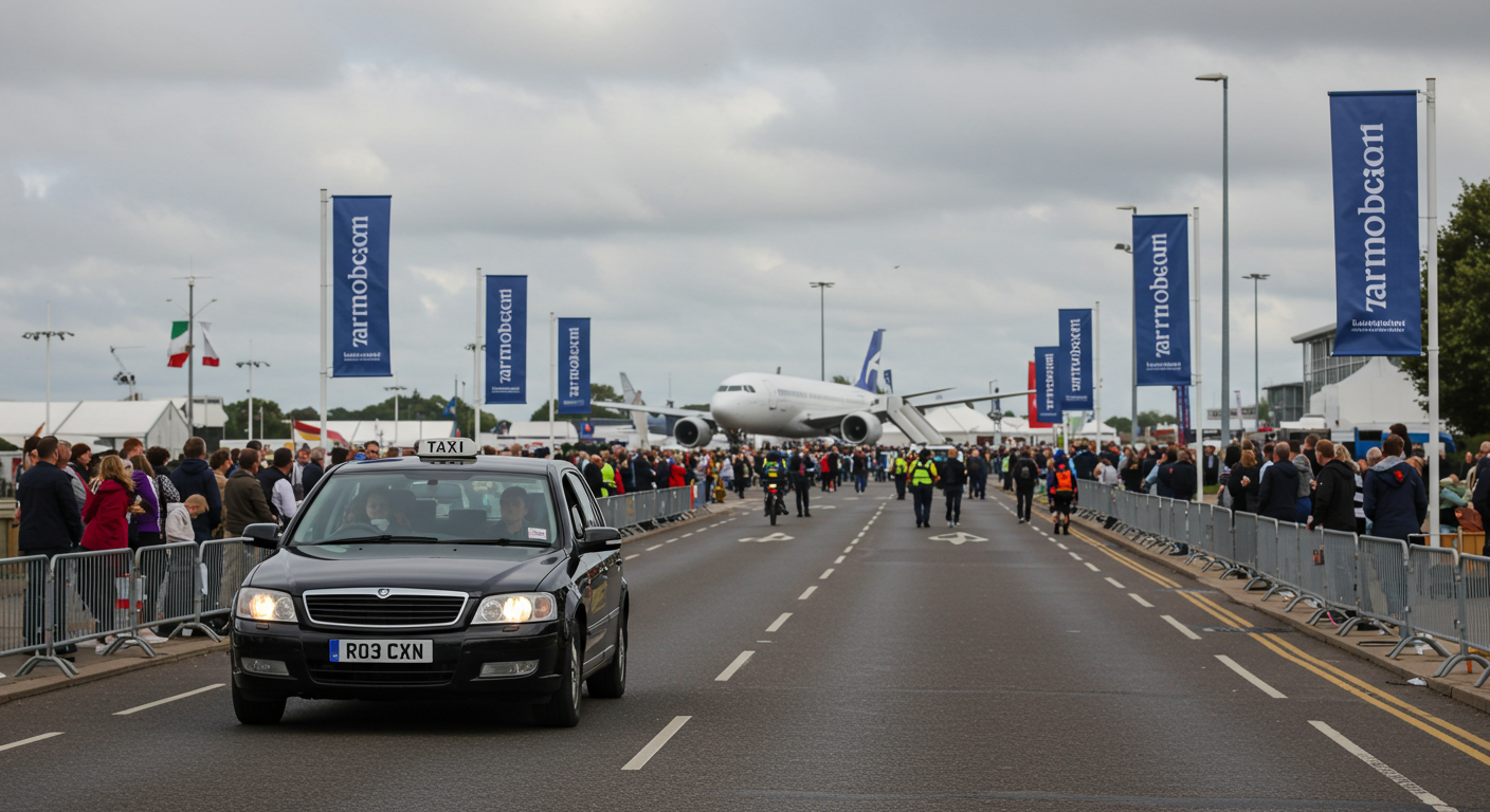 Farnborough taxi dropping visitors at the entrance of the Farnborough Airshow.