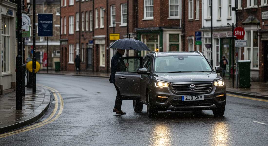 Frimley taxis driving safely on a wet, rainy road.