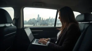 An executive passenger is working on a laptop inside a Sandhurst taxi with Wi-Fi.