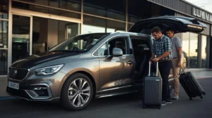 Luton Airport taxi driver assisting passengers with luggage into a spacious family car at the terminal