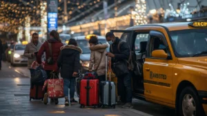 Passengers with holiday luggage boarding a Gatwick airport taxi outside the terminal during peak travel season.