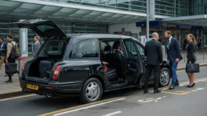 Passengers boarding a taxi outside Gatwick terminal with luggage